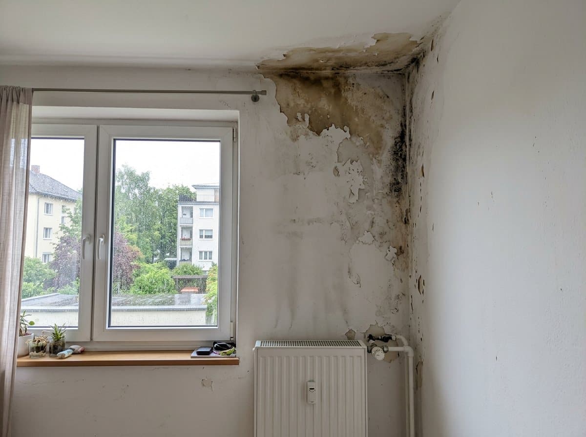Beispiel: nasse Wand mit Wasserschaden und Schimmelbildung neben dem Fenster